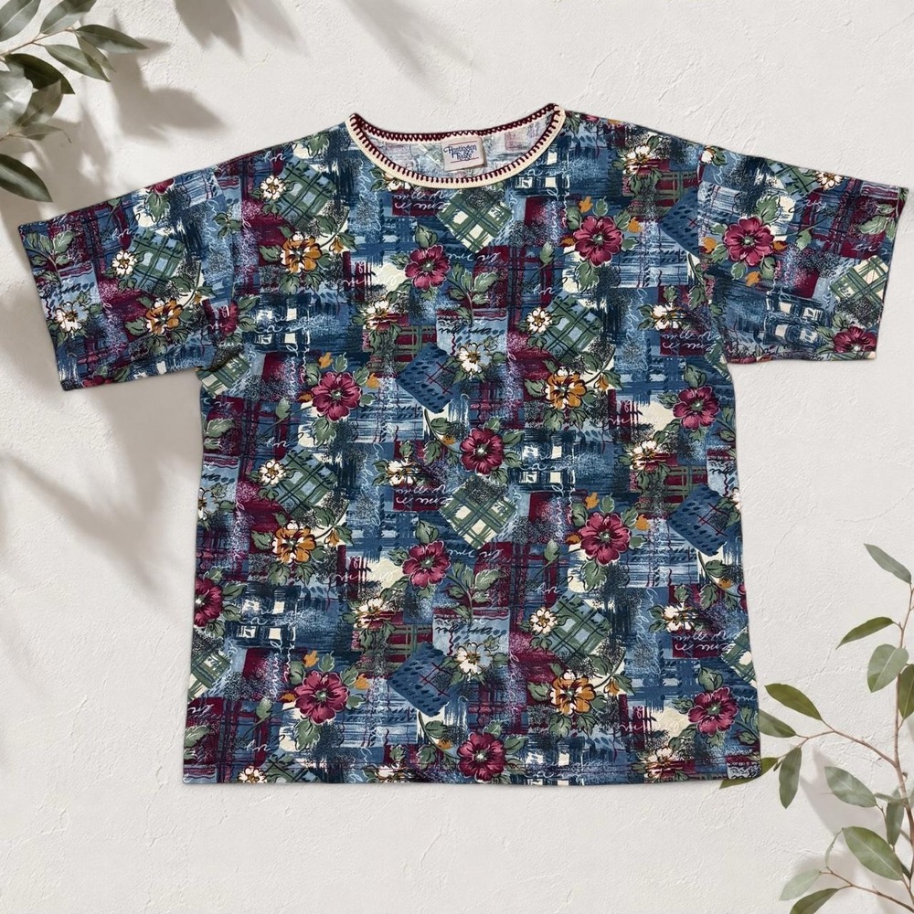 Huntington Ridge 90s Vintage Floral Plaid Patchwork T-Shirt Retro Grunge Blue